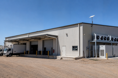 Rural warehouse internet setup with Amazon Leo-style receiver above a cold storage facility